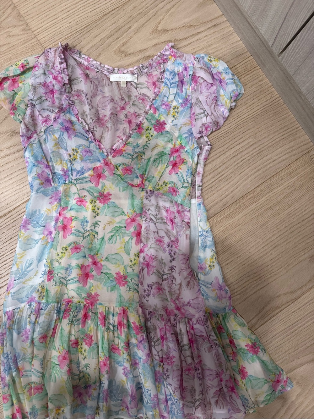 LoveShackFancy Pastel Floral Mini Dress in Pink, Blue, Yellow